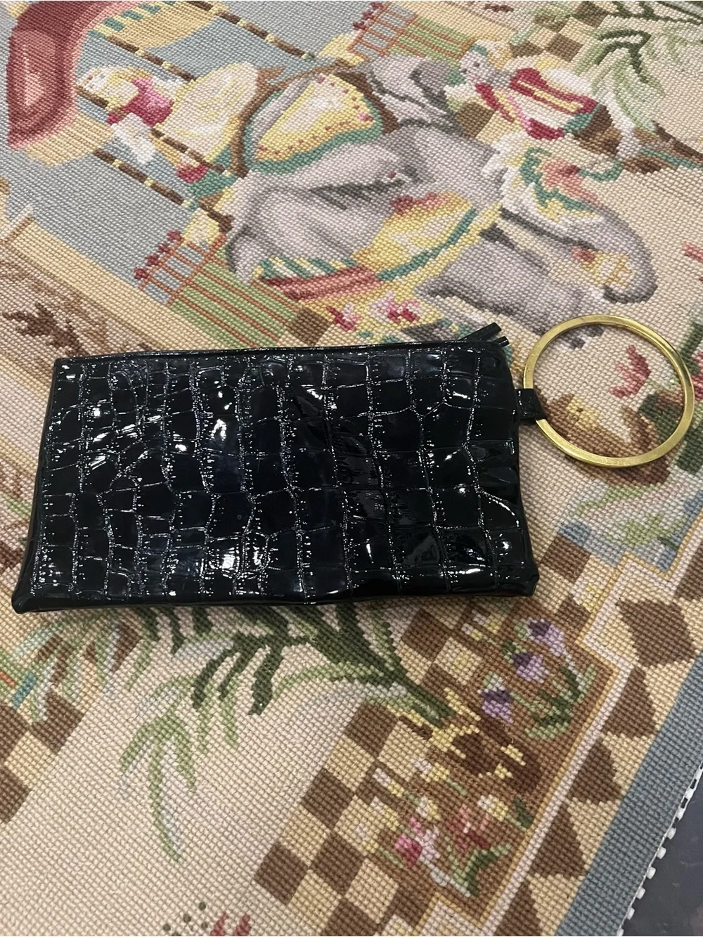 Black Faux-Croc Wristlet with Gold Lion Medallion